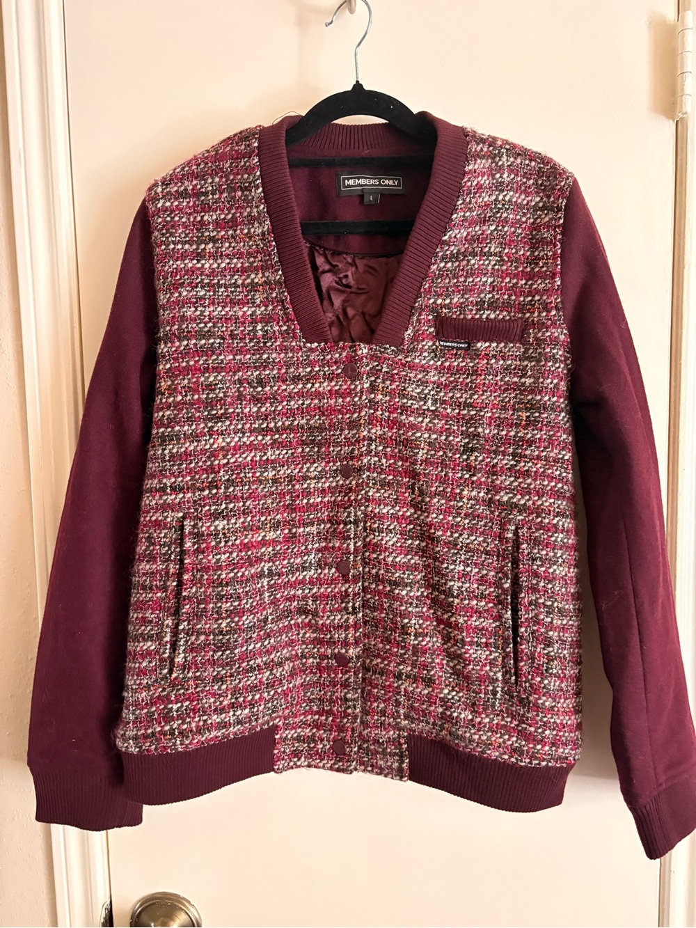 Members Only Wine Burgundy Tweed Bomber Jacket
